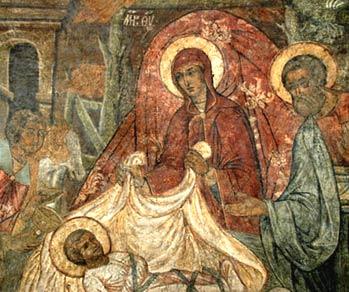 Рождество Христово. Фреска храма Сретения Владимирской иконы Божией Матери. Сретенский монастырь.