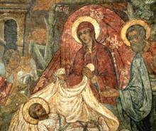 Рождество Христово. Фреска храма Сретения Владимирской иконы Божией Матери. Сретенский монастырь.